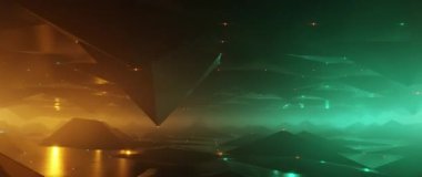 Karanlık vadi üzerinde fütürist uçuşlar ve parlak deniz mavisi ve turuncu dijital manzara.