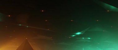 Karanlık vadi üzerinde fütürist uçuşlar ve parlak deniz mavisi ve turuncu dijital manzara.