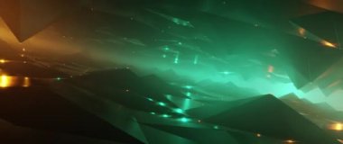 Karanlık vadi üzerinde fütürist uçuşlar ve parlak deniz mavisi ve turuncu dijital manzara.