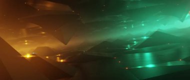 Karanlık vadi üzerinde fütürist uçuşlar ve parlak deniz mavisi ve turuncu dijital manzara.