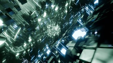 Platformlar, parlak ışıklar ve ileri teknoloji ağını çağrıştıran bağlayıcı çizgilerle çevrili parlak ve geometrik küresel bir yapının merkeze hakim olduğu fütüristik stil dijital ortam. Yeşil, mavi ve beyaz tonlar