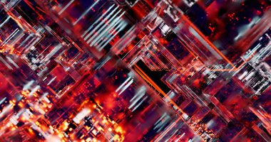 İçinde kırmızı ve mavi kareler olan bir küp. Küp siyah bir arka planla çevrilidir. Küpler birbirlerine bağlıymış gibi görünecek şekilde sıralanmış.