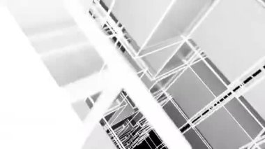 Siyah pürüzsüz nesnelerle dolu beyaz bir iç mekan ve parlayan bir cam. 3d illüstrasyon ve canlandırma