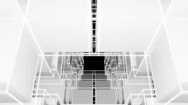 Siyah parlak zemini olan soyut beyaz oda. Mimari çizimlerin 3 boyutlu çizimi ve canlandırması