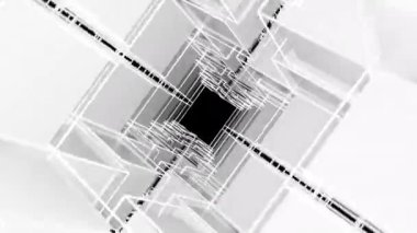 Beyaz düz siyah çizgileri ve siyah zeminli camları olan soyut dinamik iç mekan. 3d illüstrasyon ve canlandırma