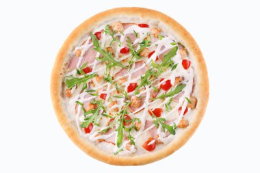 Pepperoni Pizza, beyaz bir arka planda, yemek dağıtım sitesi için izole edilmiş.