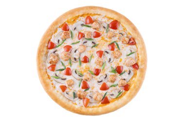 Pepperoni Pizza, beyaz bir arka planda, yemek dağıtım sitesi için izole edilmiş.