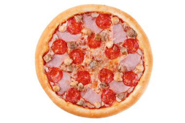 Pepperoni Pizza, beyaz bir arka planda, yemek dağıtım sitesi için izole edilmiş.
