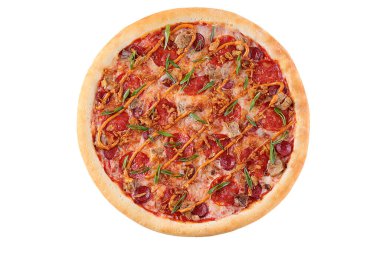 Pepperoni Pizza, beyaz bir arka planda, yemek dağıtım sitesi için izole edilmiş.