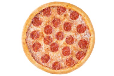 Pepperoni Pizza, beyaz bir arka planda, yemek dağıtım sitesi için izole edilmiş.