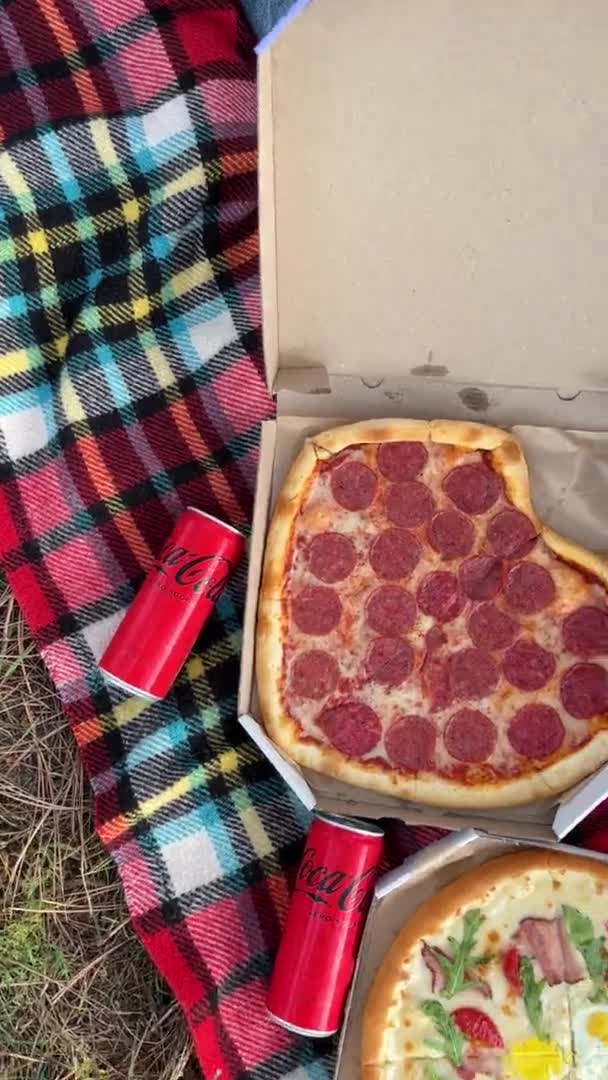 Grupa Dzieci Pizzą Otwartym Pudełku Letni Dzień — Wideo stockowe