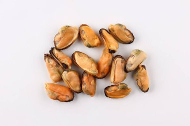 Mussels, seafood entrails without flaps, shellfish cooked boiled, close-up, isolated on white background with clipping path clipart