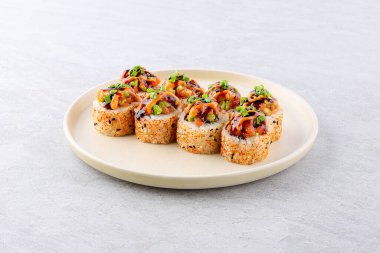 Japanese cuisine. Sushi roll on white background