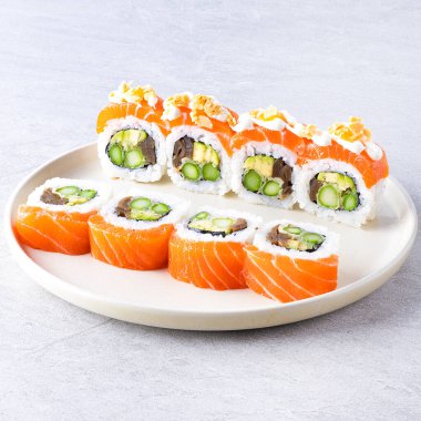 Japanese cuisine. Sushi roll on white background
