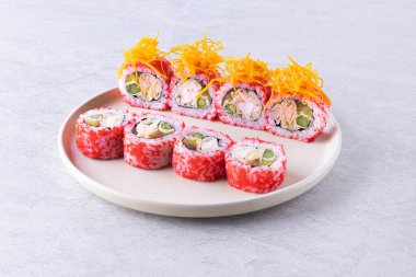 Japanese cuisine. Sushi roll on white background