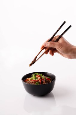 Klasik Japon udonu buğday buğdaylı, tava soslu erişte, susam, soğan, yeşil fasulye, paprika, brokoli, salatalık. Beyaz bir tabakta.