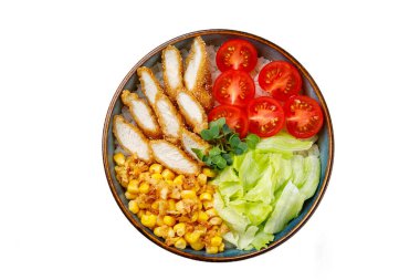 Beyaz arka planda izole edilmiş teriyaki soslu tavuk kasesi. en üstteki görünüm