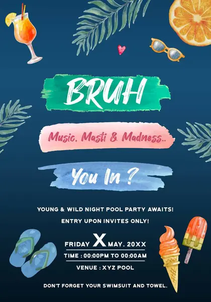 Suluboya efektli Yaz Havuzu Parti Posteri Tasarımı, Vector Yaz Tatil İllüstrasyonu, Davetiye veya Kutlama Posteri