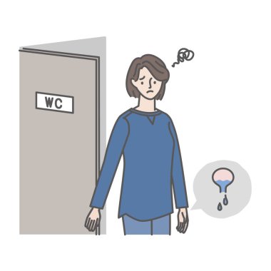 A woman who feels uncomfortable with residual urine after going to the toilet clipart