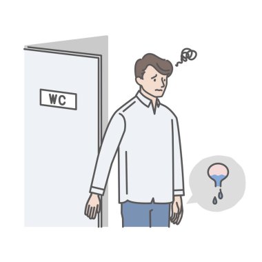 A young man who feels uncomfortable with residual urine after going to the toilet clipart