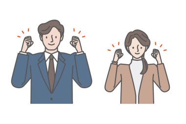 Gülümseyen ve yumruk sallayan neşeli genç erkek ve kadınlar.