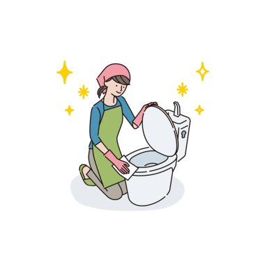 Genç bayan tuvaleti temizliyor.