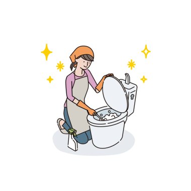 Genç kadın B tuvaleti temizliyor (tuvalet fırçasıyla temizlik)