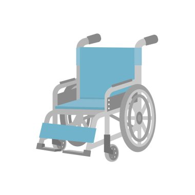 Mavi tekerlekli sandalye önden çapraz görünüyor.