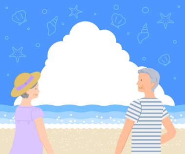 Yaz materyali: Kıdemli erkekler ve kadınlar mavi gökyüzüne bakıyor, denizde bulutlar ve gülücükler