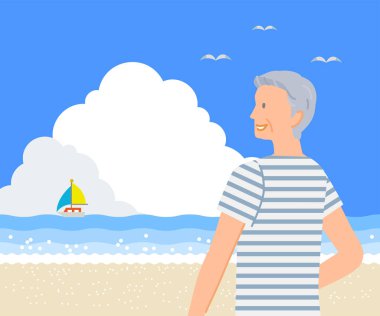 Yaz materyali: Kıdemli bir adam mavi gökyüzüne bakıyor, bulutlar denize bakıyor ve gülümsüyor.