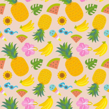 Yaz malzemesi: yaz meyveleri ve çiçeklerinin hoş, pürüzsüz deseni, yaz ikonları
