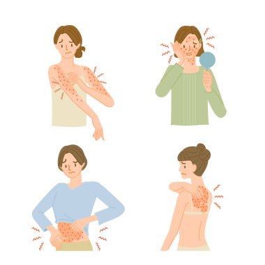 Skin disease: illustration set of a woman with itchy and irritated skin clipart