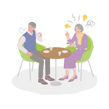 Senior Life: Senior couple sighing and being annoyed at someone getting angry at them in a cafe clipart