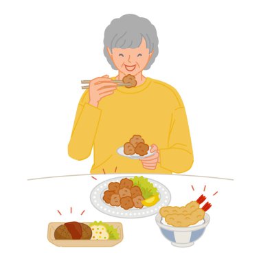 Gülümseyen yaşlı kadın, yağlı bir yemek yiyor.