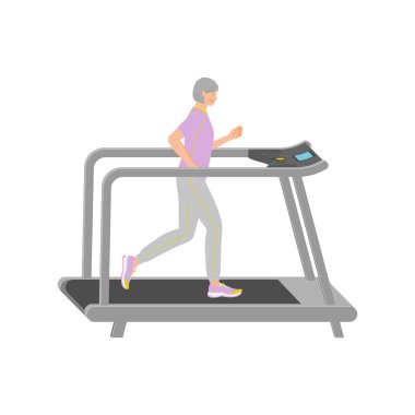 Spor salonunda koşan gülümseyen son sınıf öğrencisi kadın.