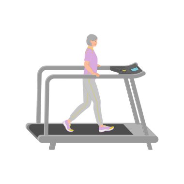 Gülümseyen son sınıf öğrencisi kadın spor salonunda koşan bir makinede yürüyor.