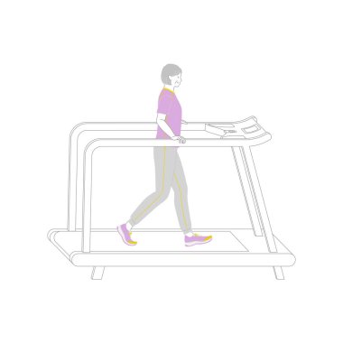 Gülümseyen son sınıf öğrencisi kadın spor salonunda koşan bir makinede yürüyor.