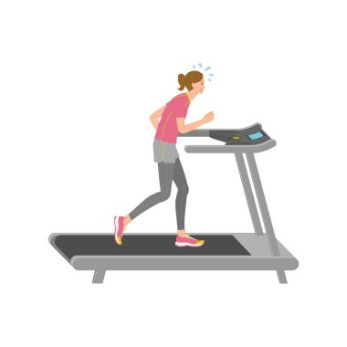 Genç bir kadın terliyor ve spor salonunda koşmakta zorlanıyor.