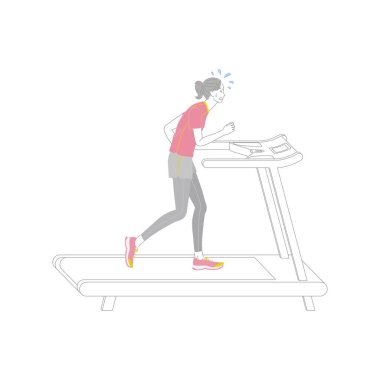 Genç bir kadın terliyor ve spor salonunda koşmakta zorlanıyor.