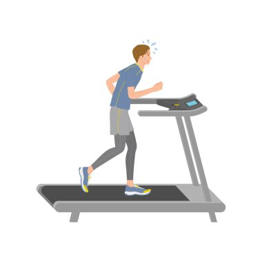 Genç adam terliyor ve spor salonunda çalışan bir makinede koşmaya çalışıyor.