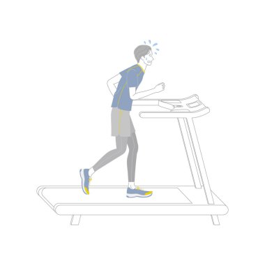 Genç adam terliyor ve spor salonunda çalışan bir makinede koşmaya çalışıyor.