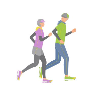 Son sınıf egzersizi: gülümseyerek koşan yaşlı çift