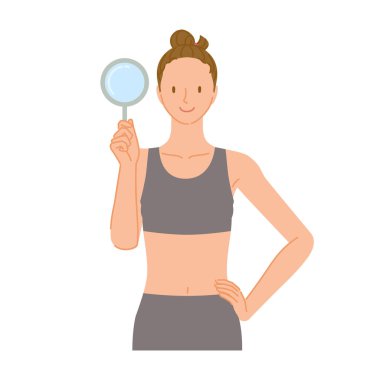 Jimnastik hocası (gülümseyen genç kadın): elinde büyüteç tutuyor