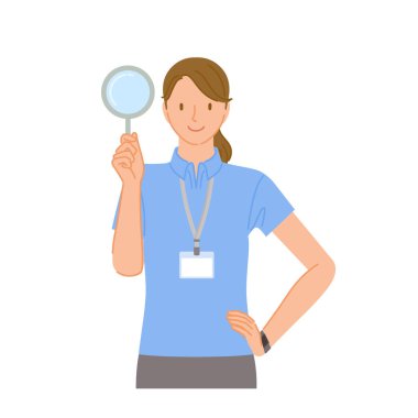 Spor salonu personeli (gülümseyen genç kadın): bir büyüteç tutuyor