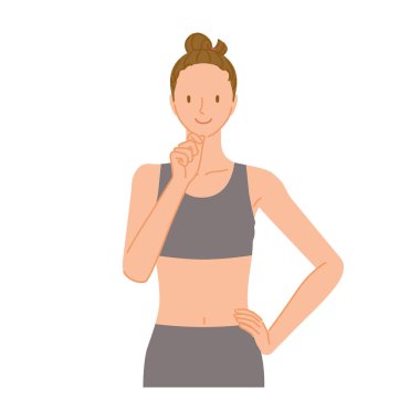 Jimnastik eğitmeni (gülümseyen genç kadın): çene üzerinde el