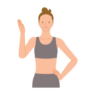 Jimnastik eğitmeni (gülümseyen genç kadın): elle yön gösterir