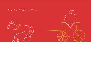 Yeni yıl malzemesi: Bir atın at arabasında kagami mochi çektiği basit ve şık bir Yeni Yıl kartı malzemesi (At Yılı))