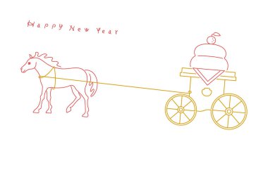 Yılbaşı materyali: Bir at arabasında kagami mochi pirinç keki çeken bir atın yer aldığı basit ve şık bir Yeni Yıl kartı materyali (At Yılı)