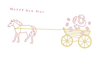 Yılbaşı materyali: Basit ve şık bir Yeni Yıl kartı malzemesi (At Yılı) ve bir at arabasında çekiç ve oval paralar çeken bir at