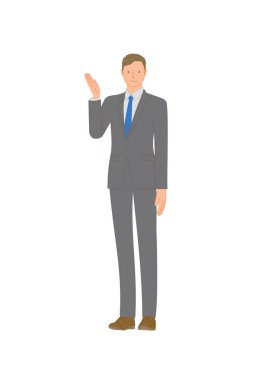 İş elbisesi içinde gülümseyen genç adam: eliyle işaret ediyor.